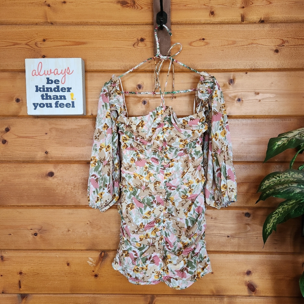 New Hello‎ Molly Basque Country Floral Print Ruched Pleated Mini Dress Puff Sz 6
